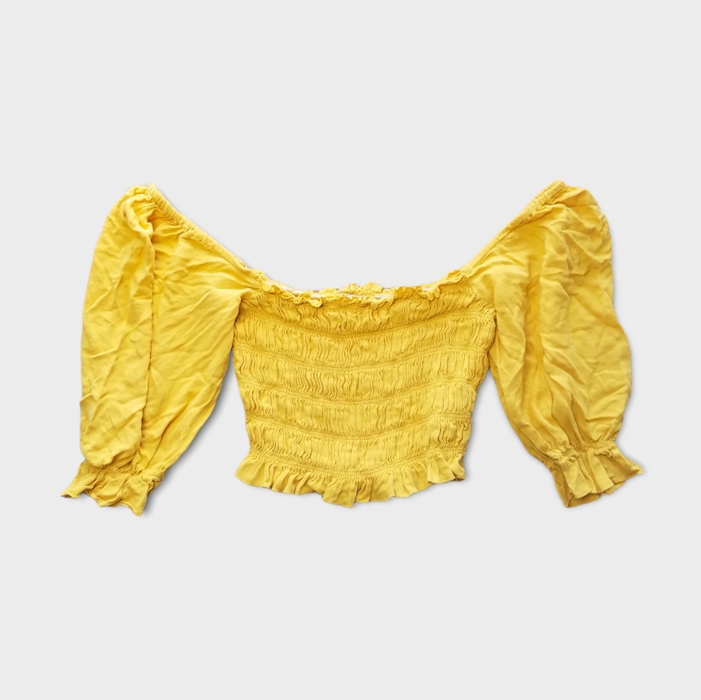 Urban Outfitters Off Shoulder Puff Sleeve Mustard Yellow Crop Top Small - Picture 1 of 5